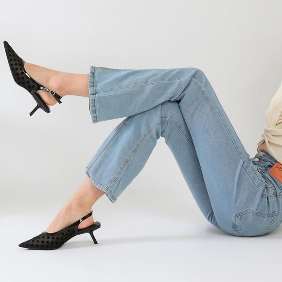 Women's Black Polka Pointed Toe Pumps Patent Leather Slingback Heels With Buckle - Picture 7 of 9